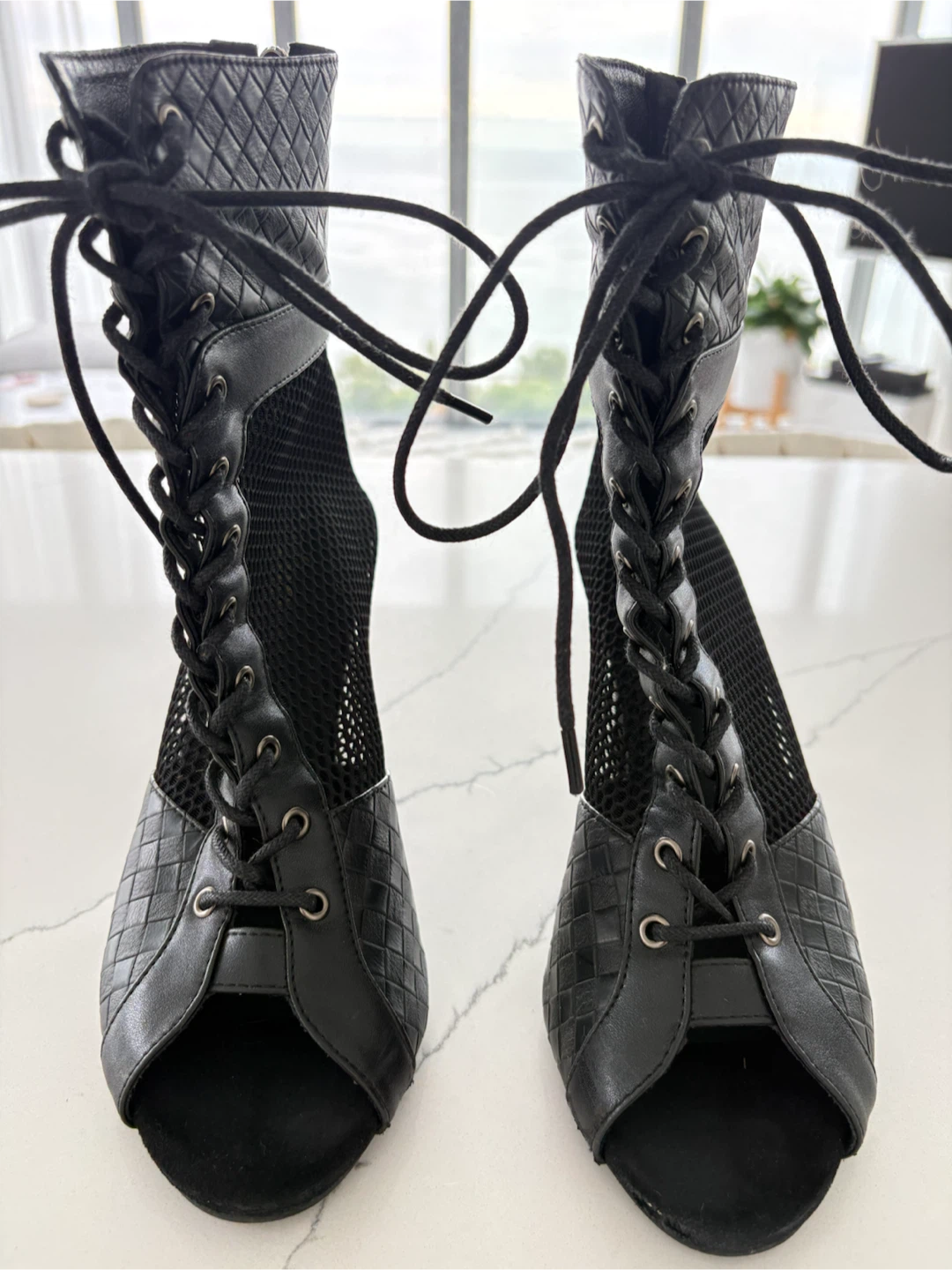 Black Lace-Up Mesh Peep-Toe Heels