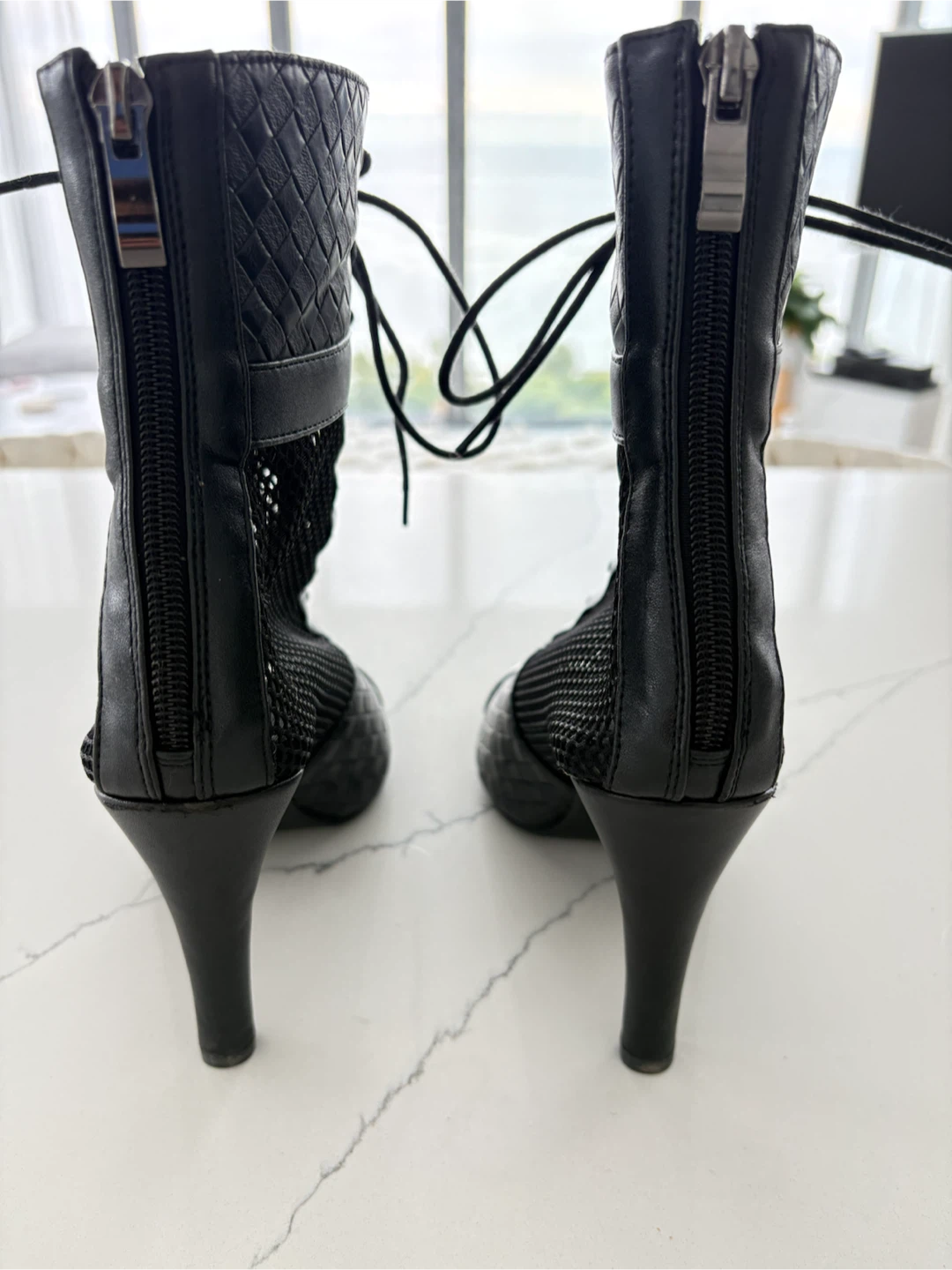 Black Lace-Up Mesh Peep-Toe Heels - photo 3