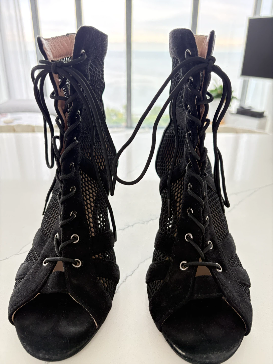 Black mesh lace-up heels