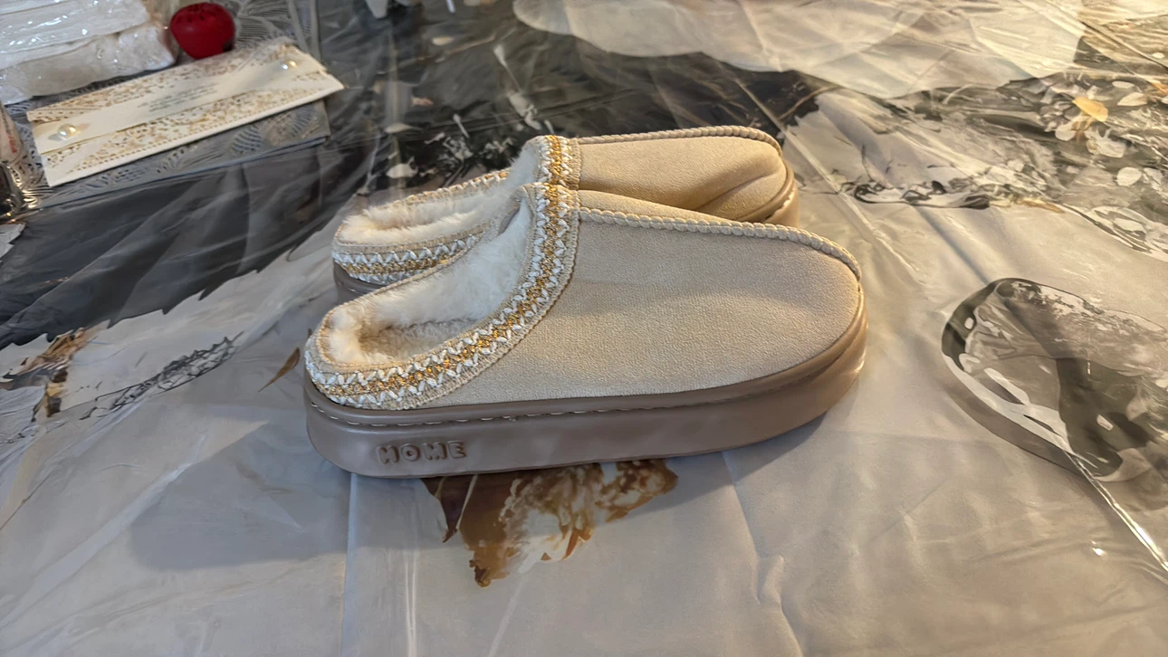 Beige Faux Fur Lined Home Slippers