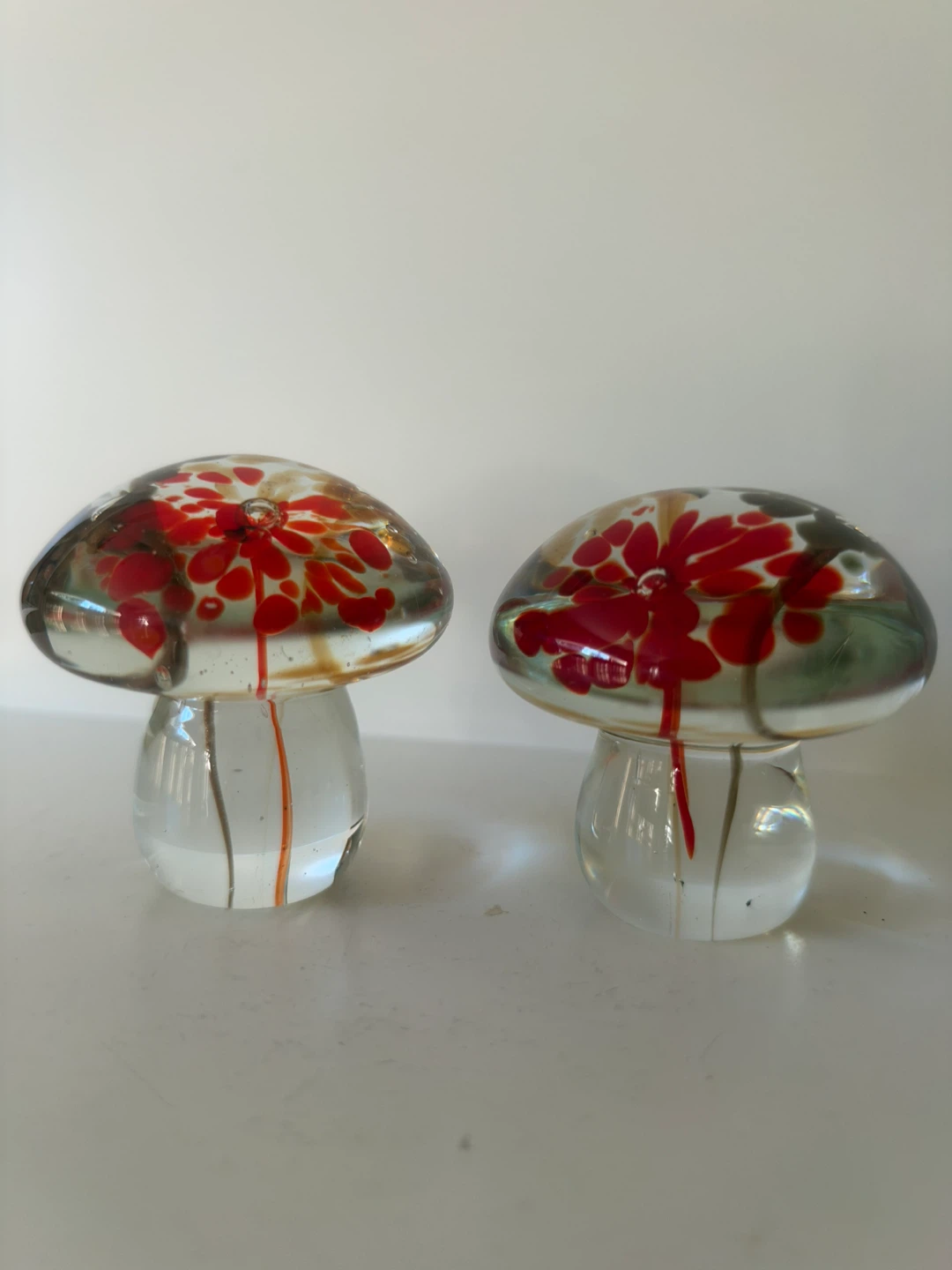 Set of Two Vintage Art Glass Mushroom Paperweights