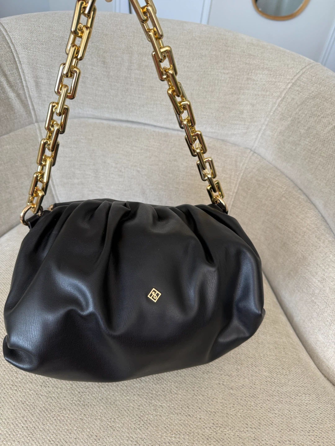 Black Ruched Handbag with Gold Chain