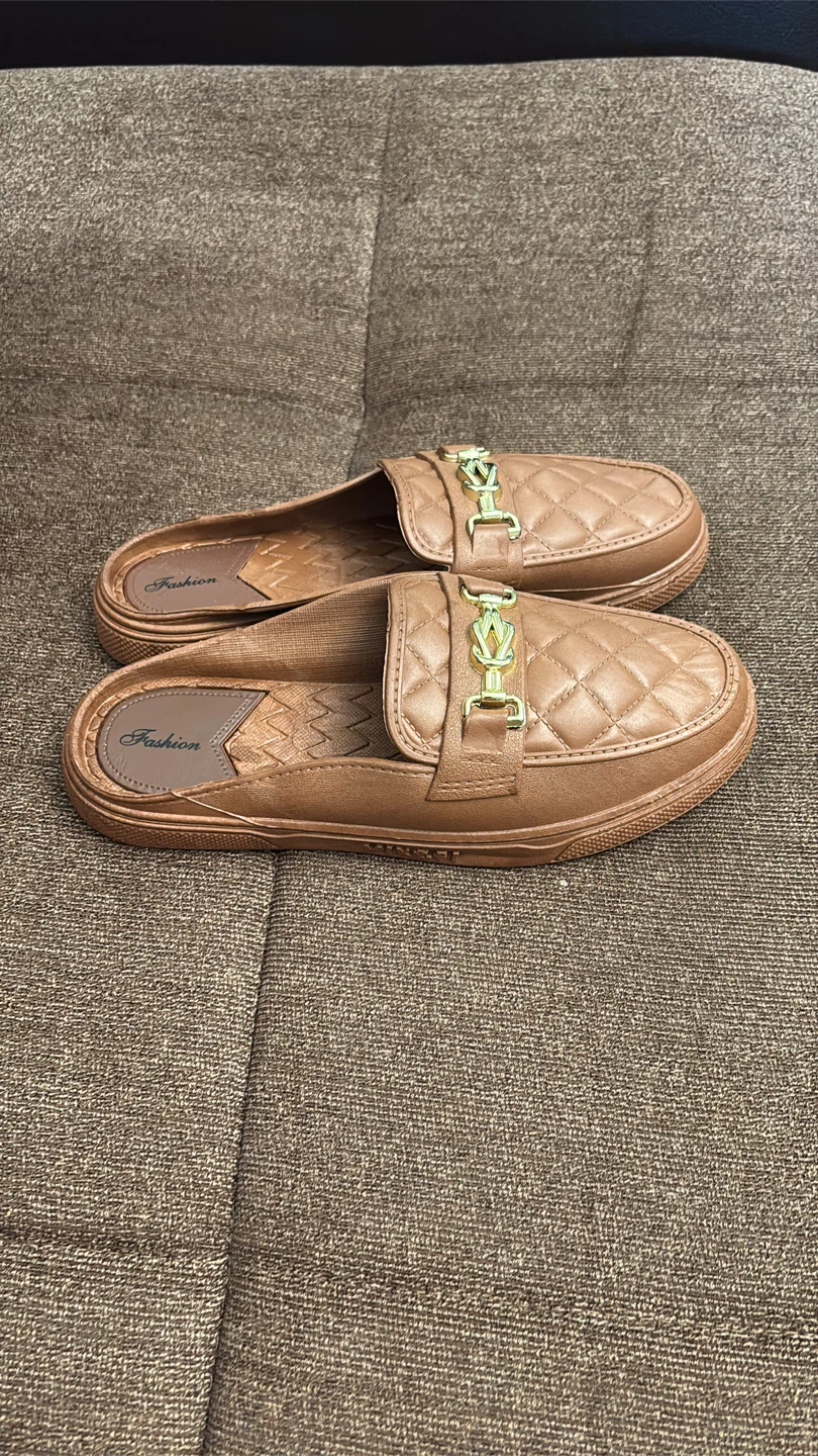 Tan Quilted Mule Loafers