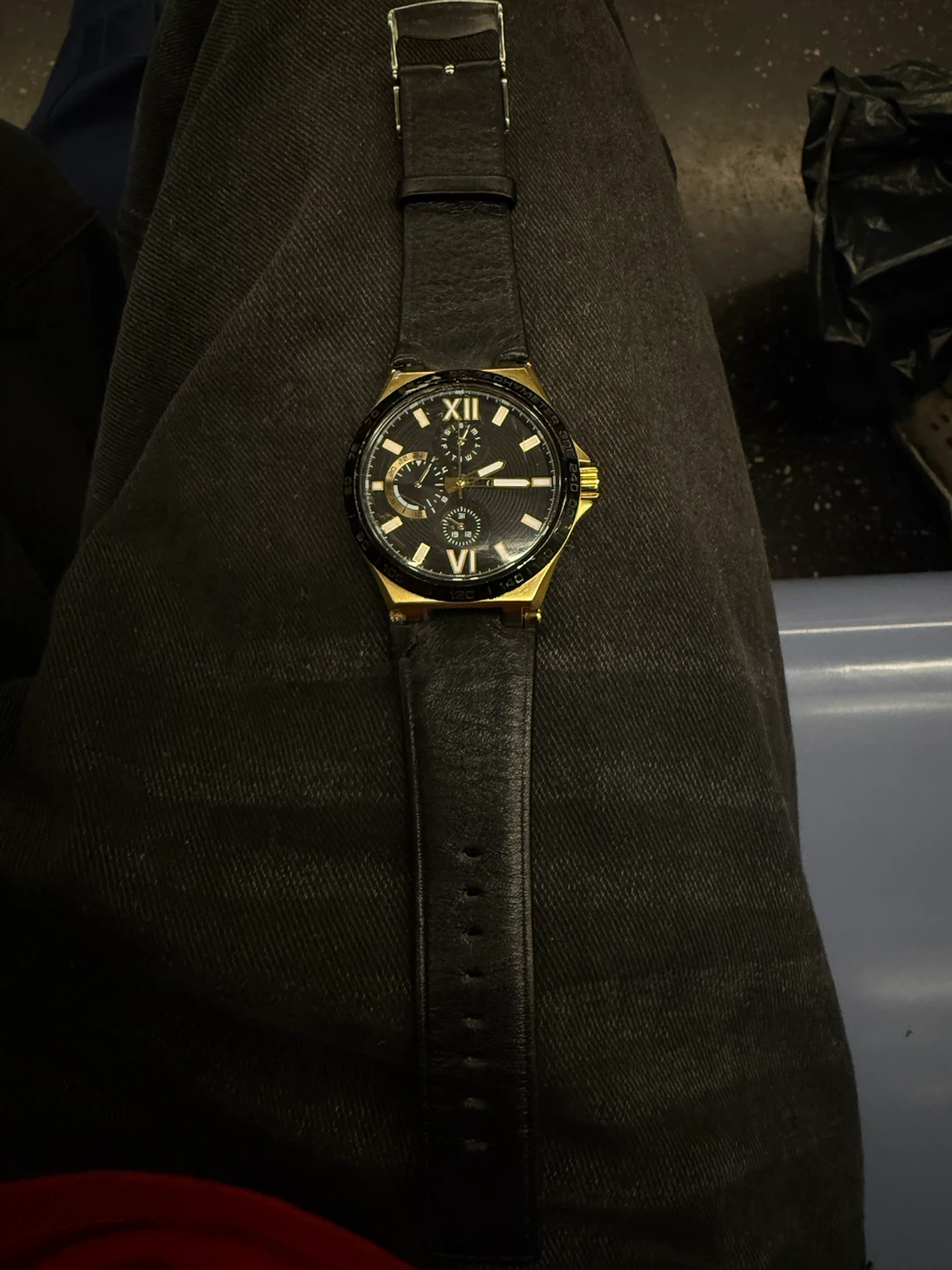 Gold-Tone Chronograph Watch with Black Leather Strap