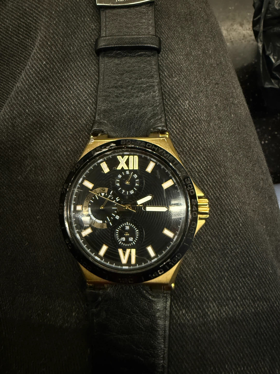 Gold-Tone Chronograph Watch with Black Leather Strap - photo 2