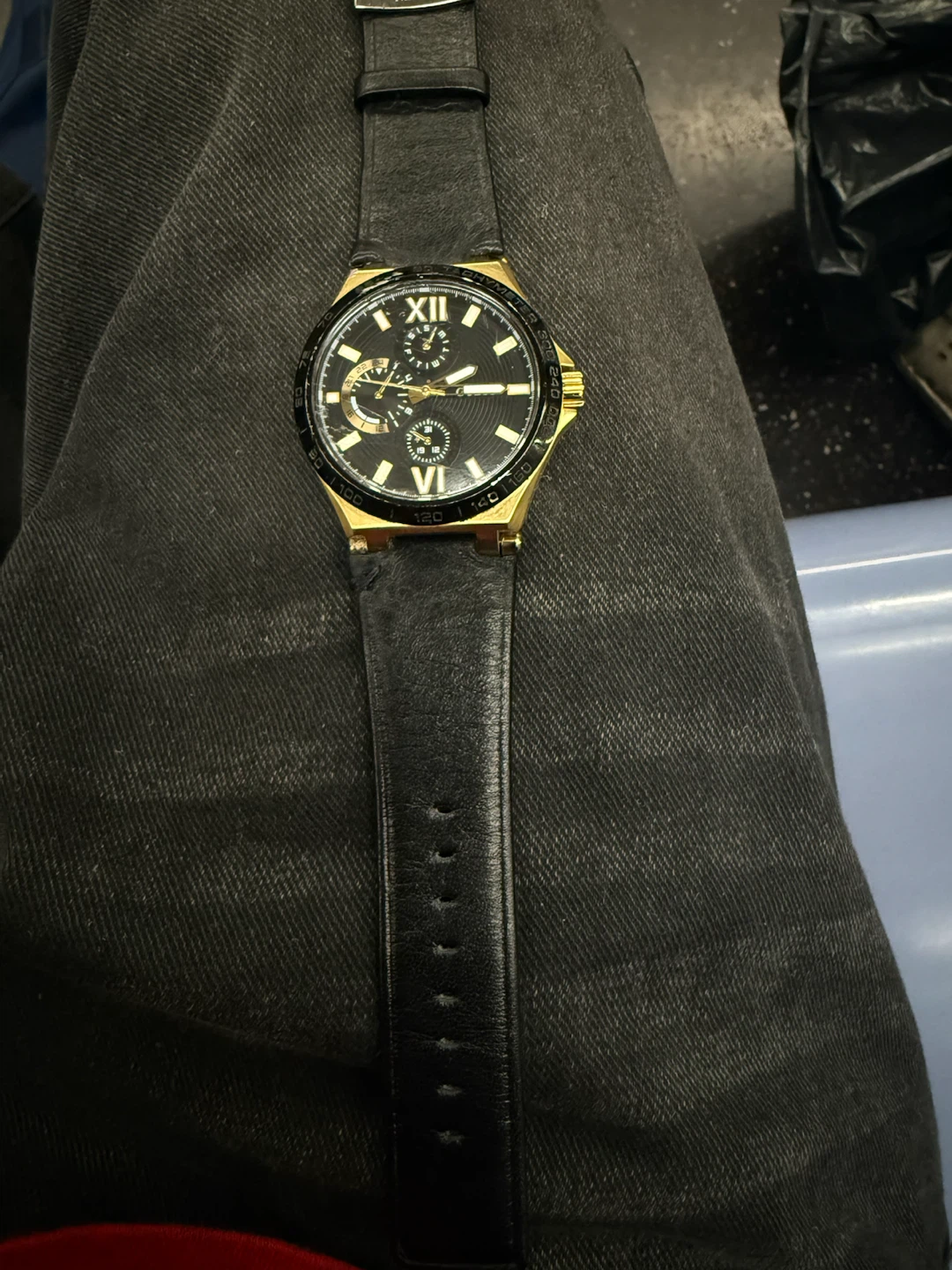 Gold-Tone Chronograph Watch with Black Leather Strap - photo 3