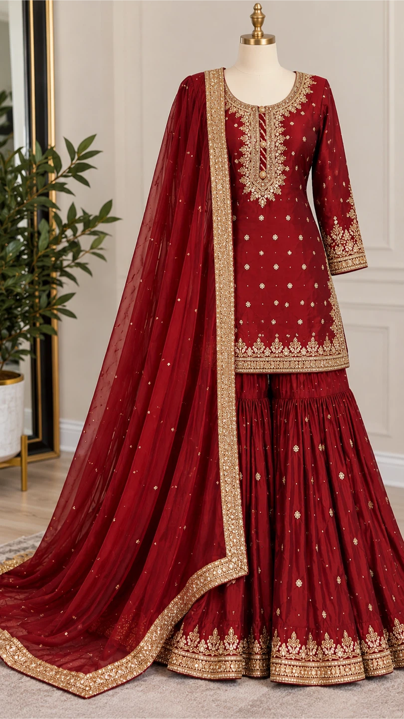 Maroon Embroidered Sharara Suit