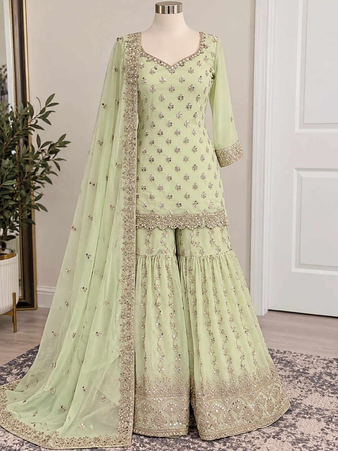 Mint Green Embroidered Sharara Suit