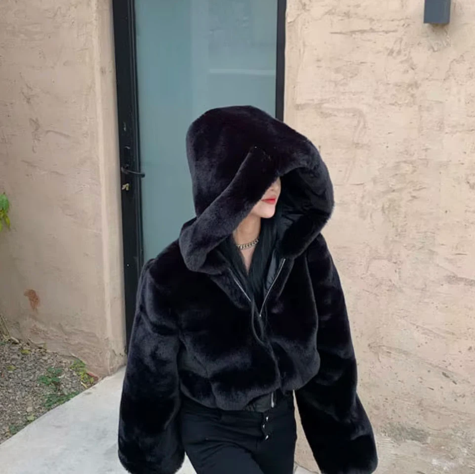 Black Faux Fur Zip-Up Hoodie