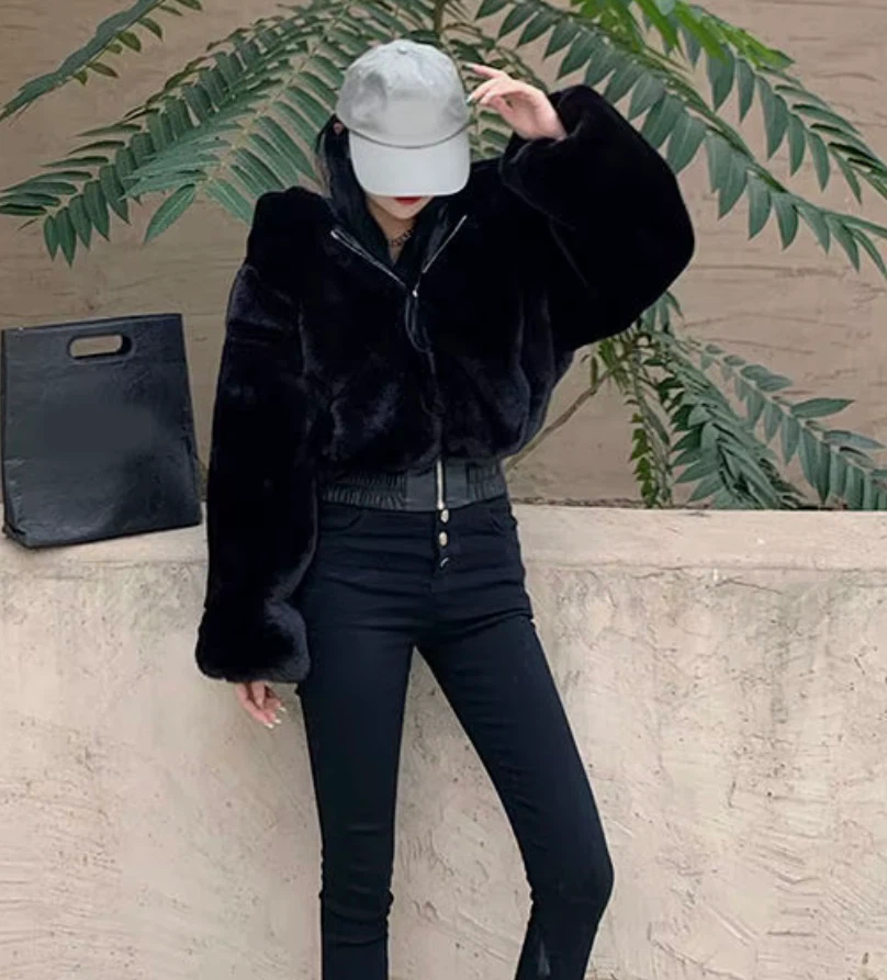 Black Faux Fur Zip-Up Hoodie - photo 2