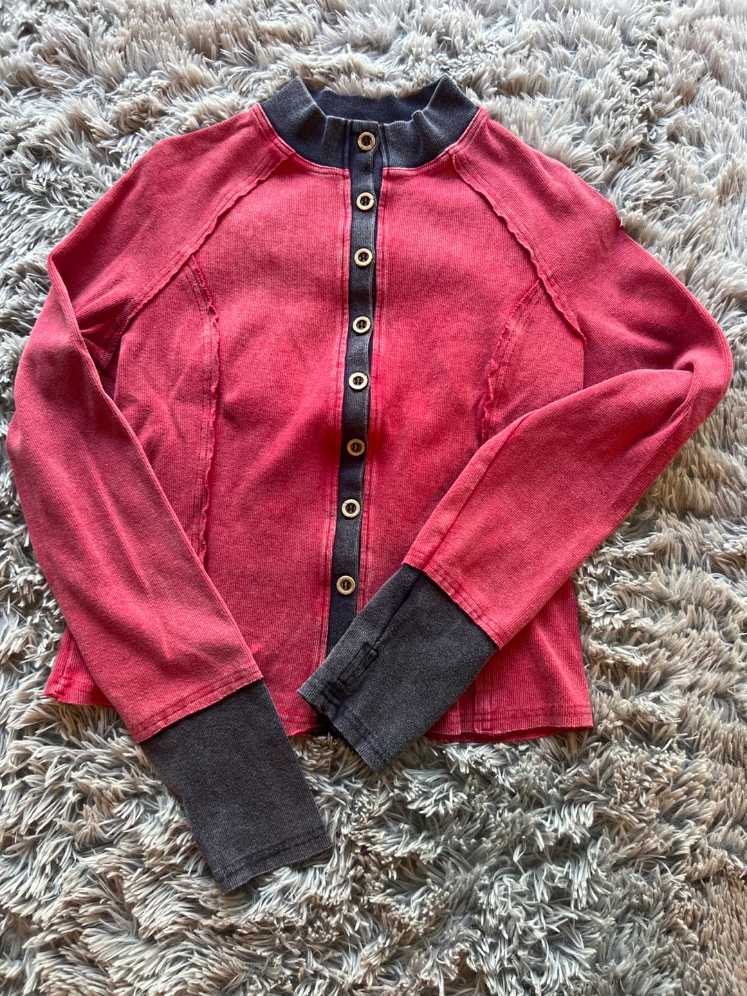 Free People Red Thermal Button-Down Top