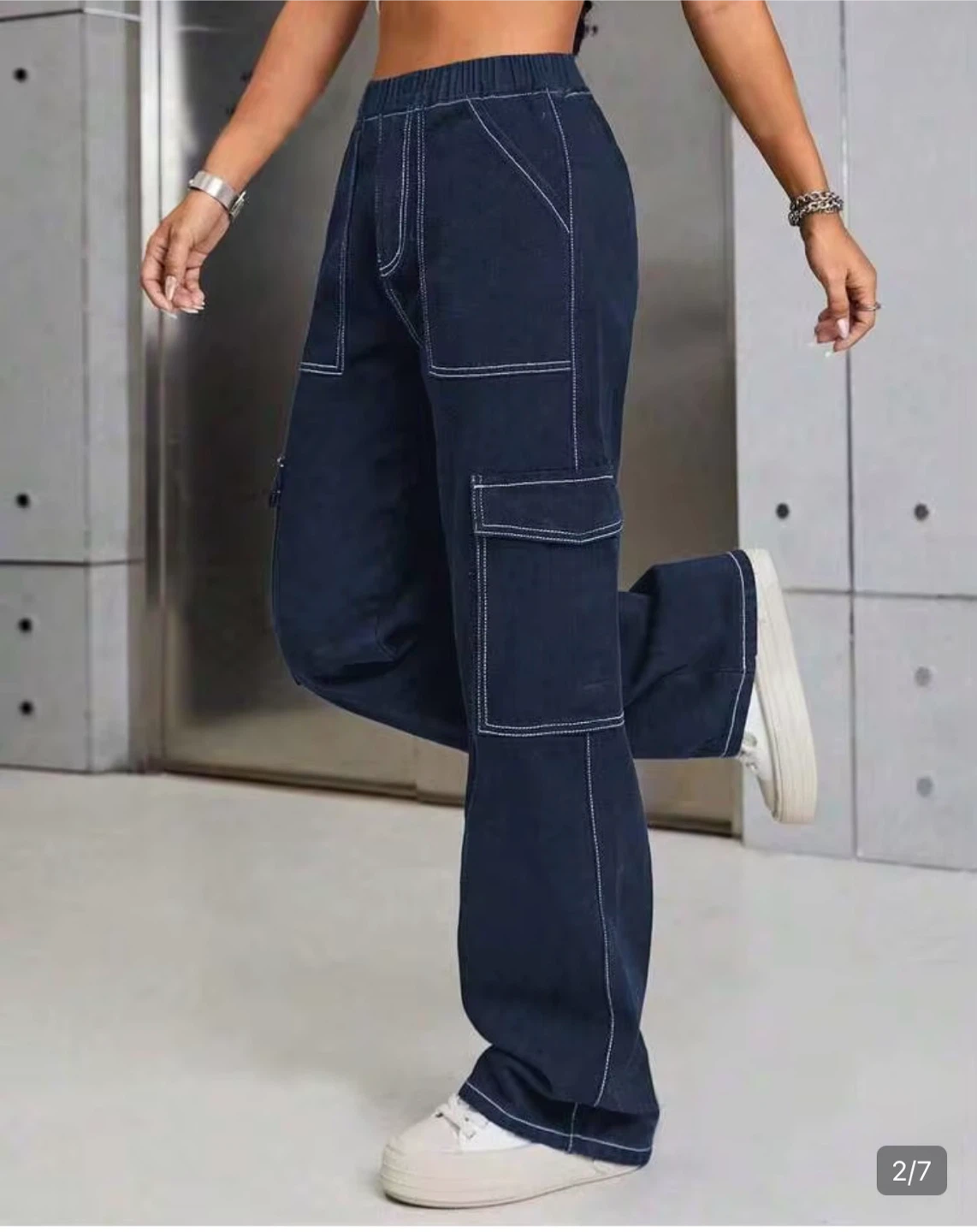 Dark Blue Contrast Stitch Cargo Pants
