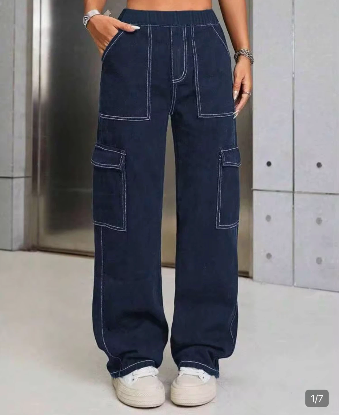 Dark Blue Contrast Stitch Cargo Pants - photo 2