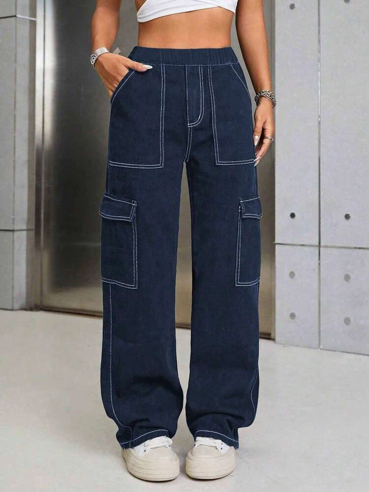 Dark Blue Contrast Stitch Cargo Pants - photo 3