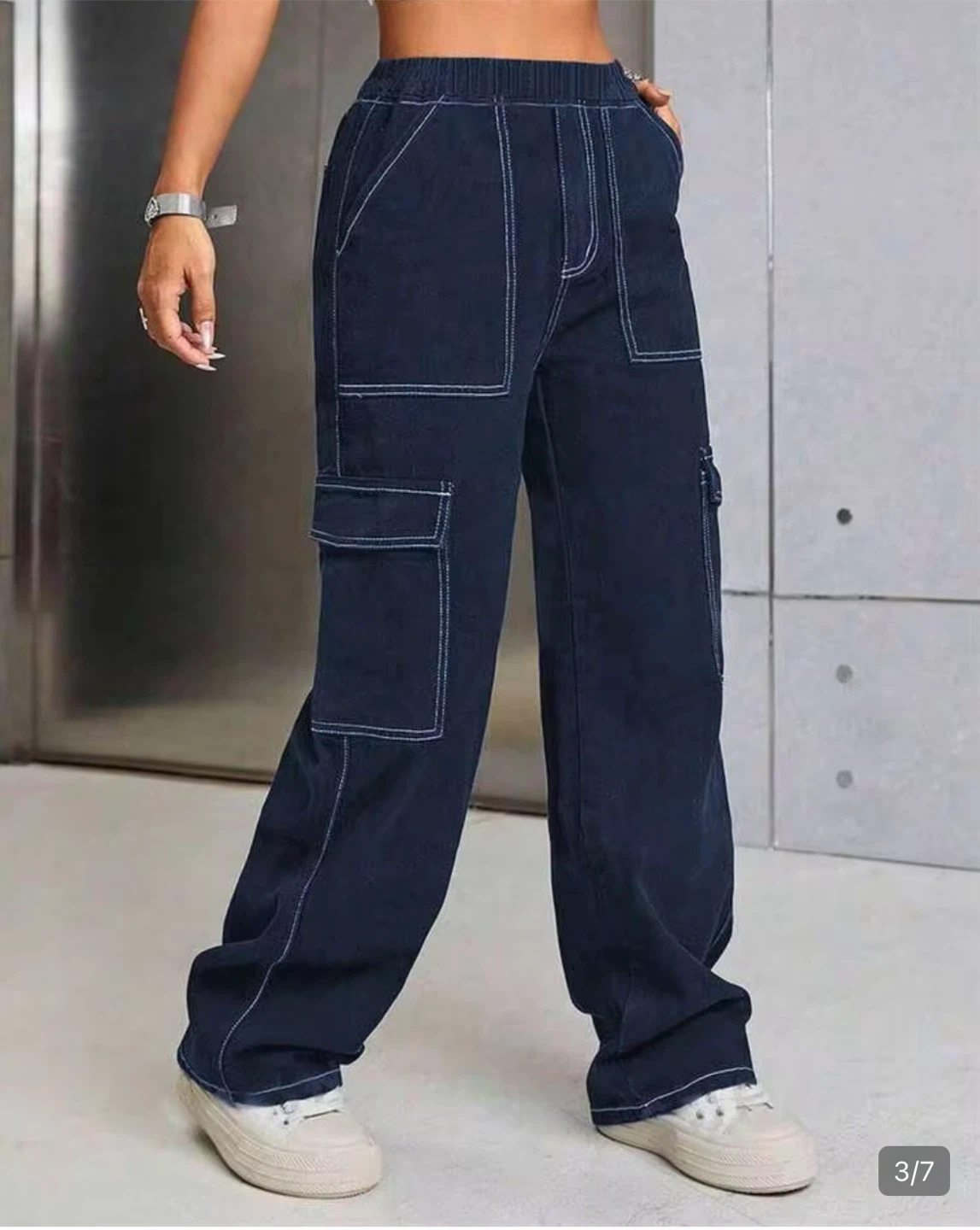 Dark Blue Contrast Stitch Cargo Pants - photo 4