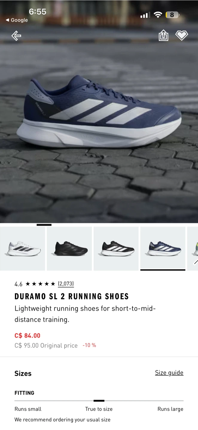 Adidas Duramo SL 2 Running Shoes - Size 8