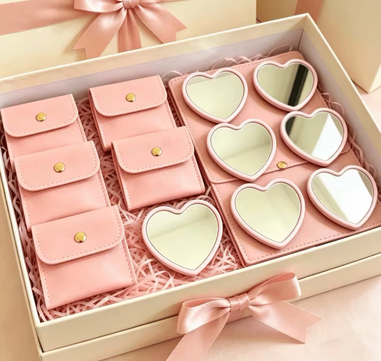 Heart Shaped Pink pocket Mirrors with cases gift set