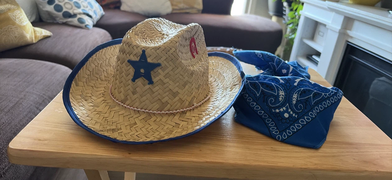 Kids Straw Cowboy Hat and Blue Bandana Set