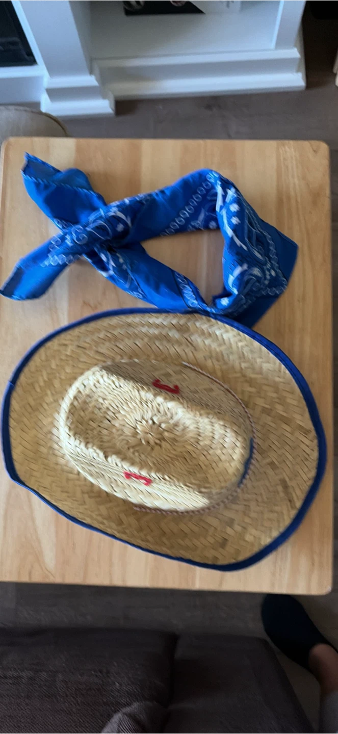 Kids Straw Cowboy Hat and Blue Bandana Set - photo 2