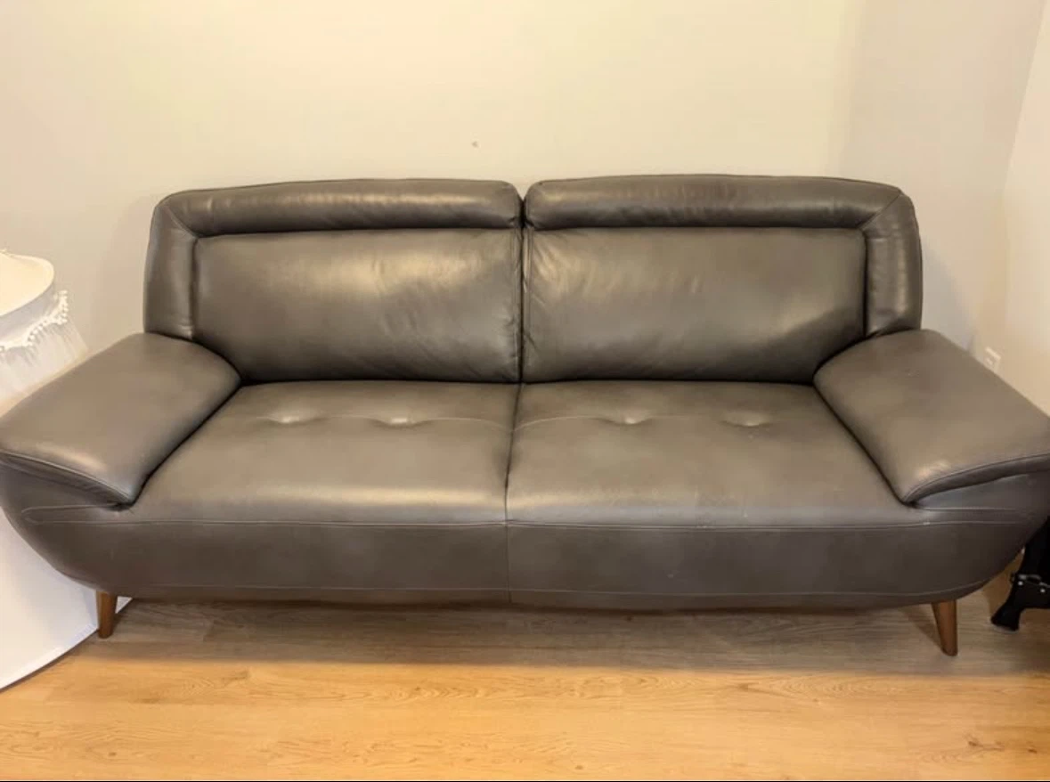 Mid-Century Modern Grey Leather Sofa