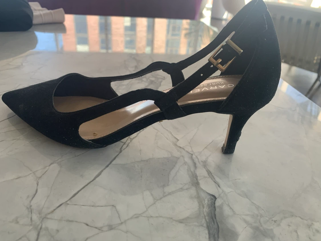 Black pointed heels, low mid heel straps, Kurt Geiger