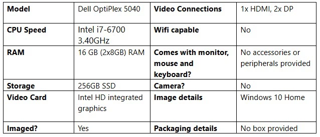 Dell OptiPlex 5040 Desktop i7 (16GB RAM, 256GB SSD)