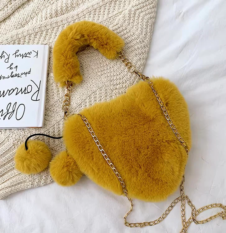 Mustard Yellow Heart-Shaped Faux Fur Handbag