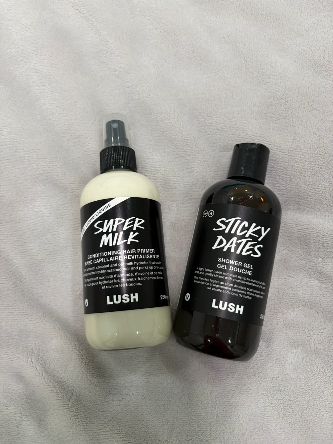 Lush Super Milk Hair Primer and Sticky Dates Shower Gel