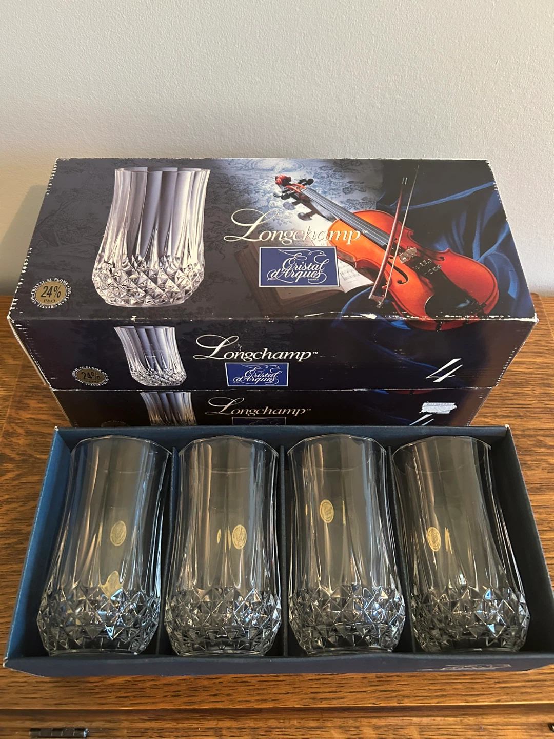 4 BOXES OF VINTAGE LONGCHAMP CRISTAL D’ARQUES GLASSES