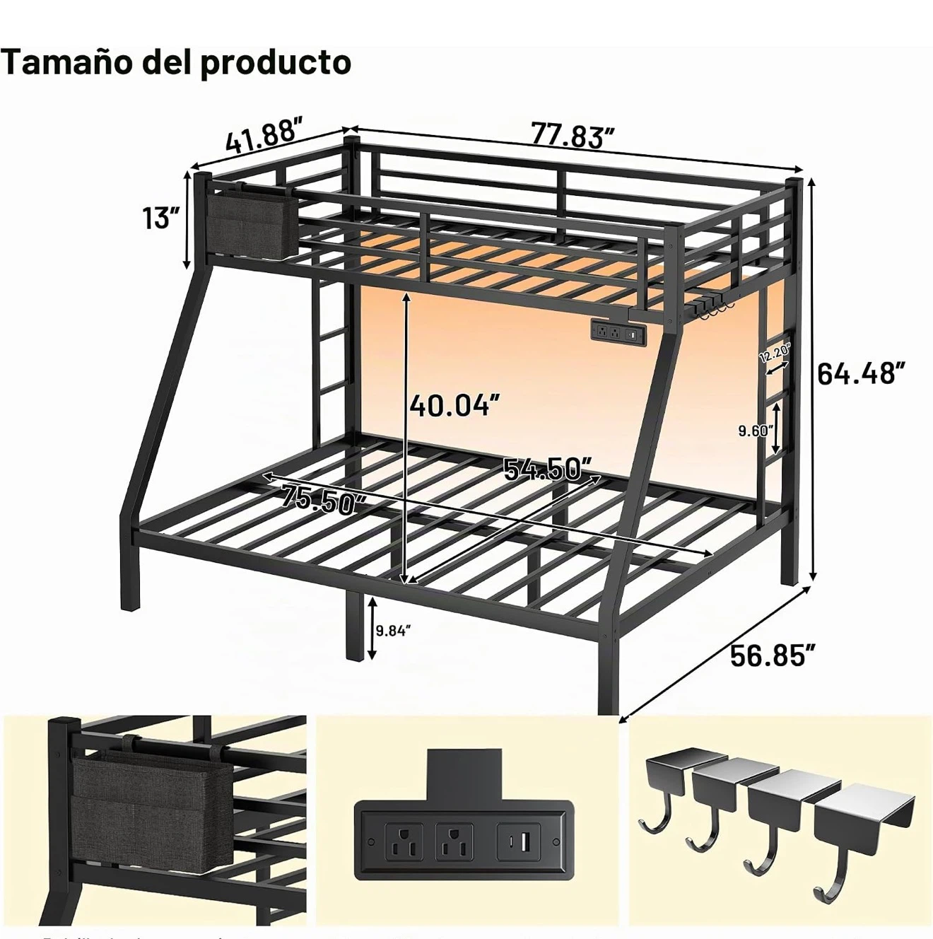 Metal Twin over Full Bunk Bed with Power Station