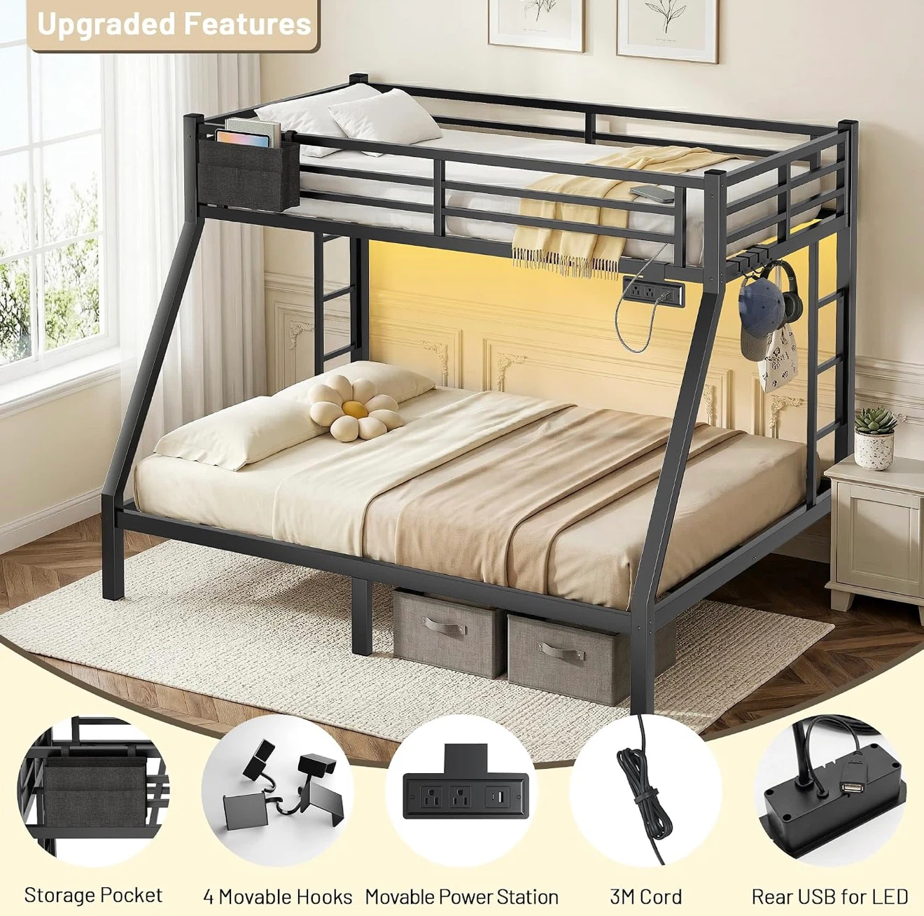Metal Twin over Full Bunk Bed with Power Station - photo 2