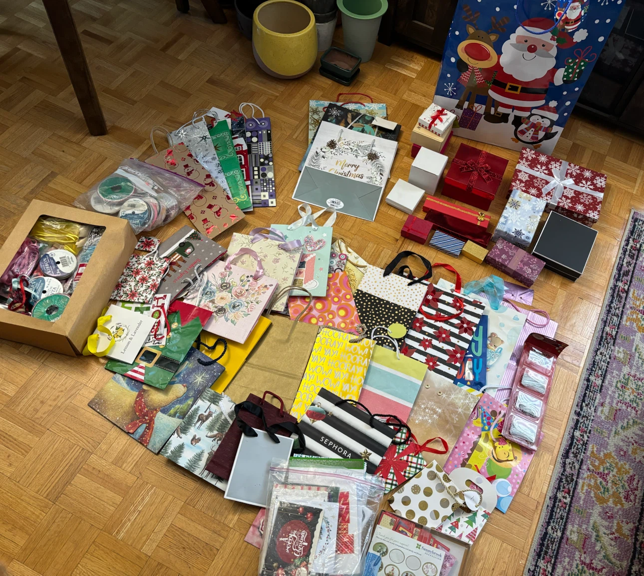 Assorted Gift Bags, Boxes, and Ribbons Collection