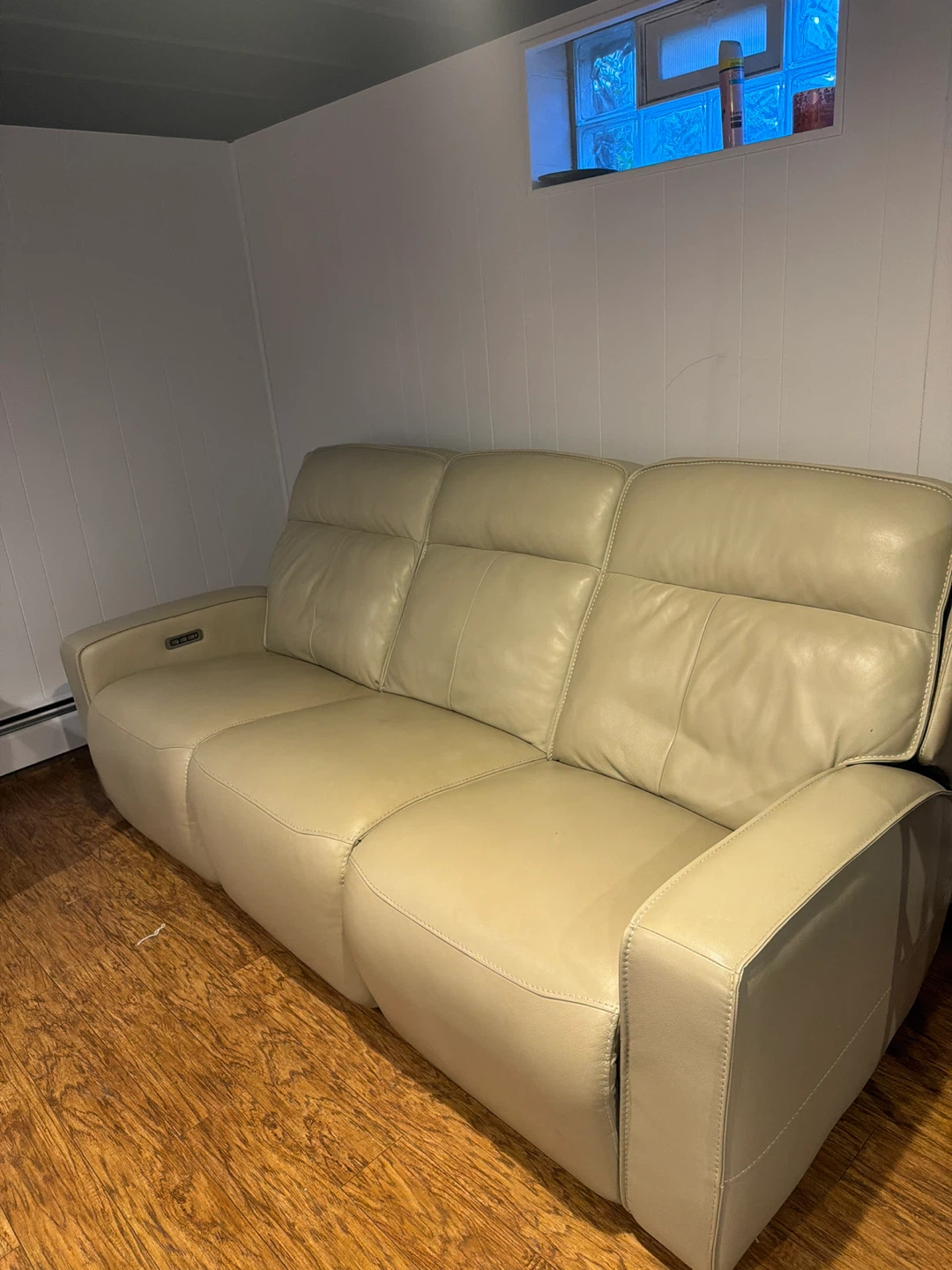 Beige Leather Power Reclining Sofa