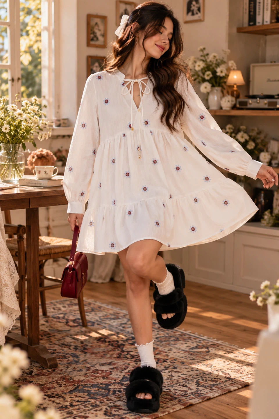 Light beige floral embroidered long-sleeve dress