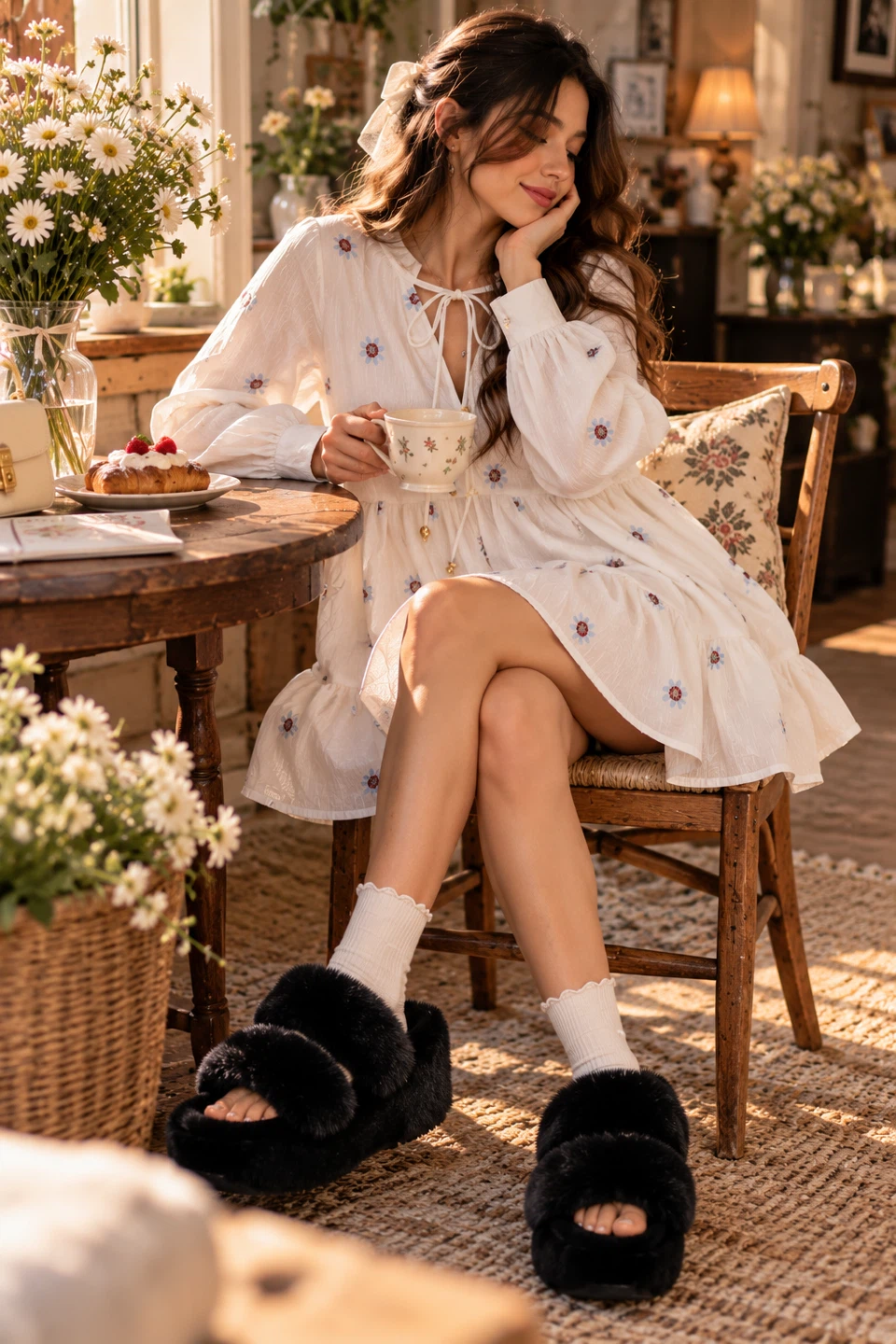 Light beige floral embroidered long-sleeve dress - photo 2