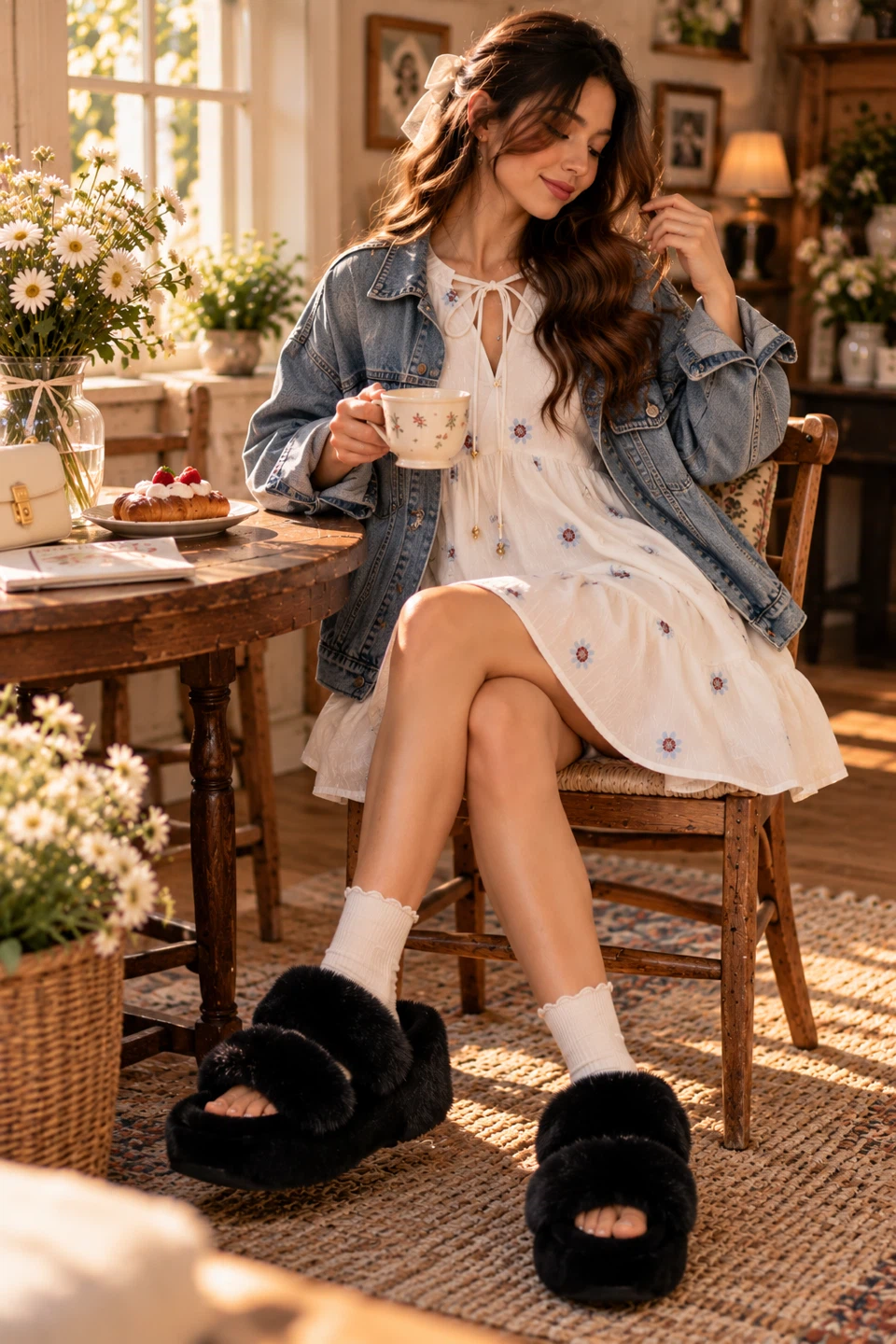 Light beige floral embroidered long-sleeve dress - photo 4