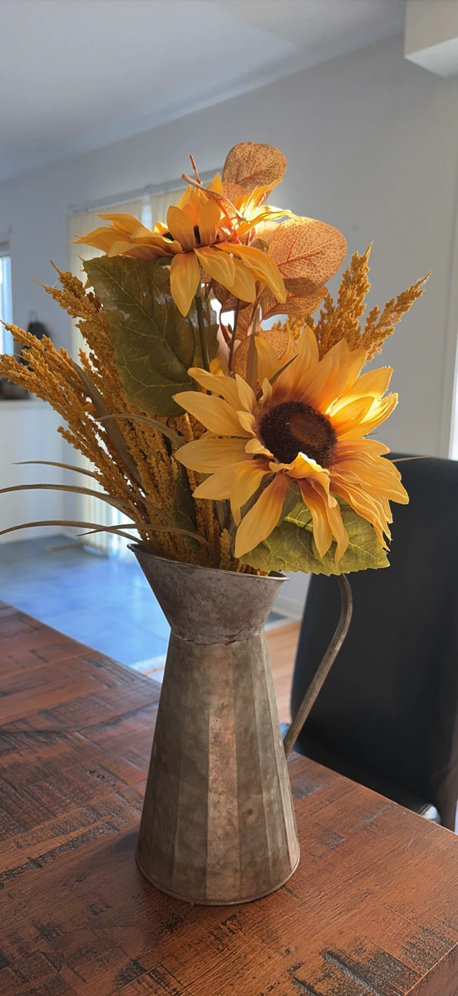 Artificial Sunflower Bouquet in Metal Pitcher