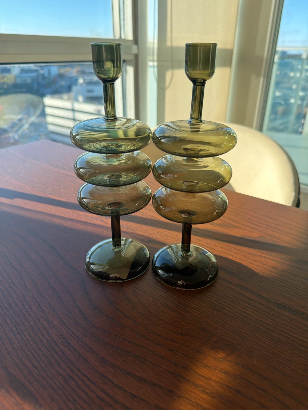 Set of 2 Bouclair Green Glass Candle Holders
