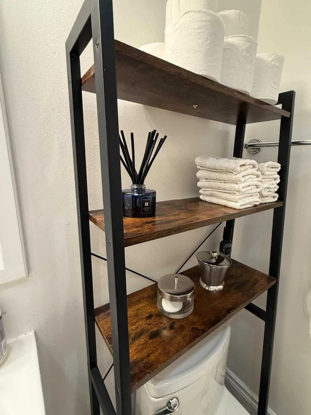 4-Tier Bathroom Storage Shelf – Wood & Black Metal