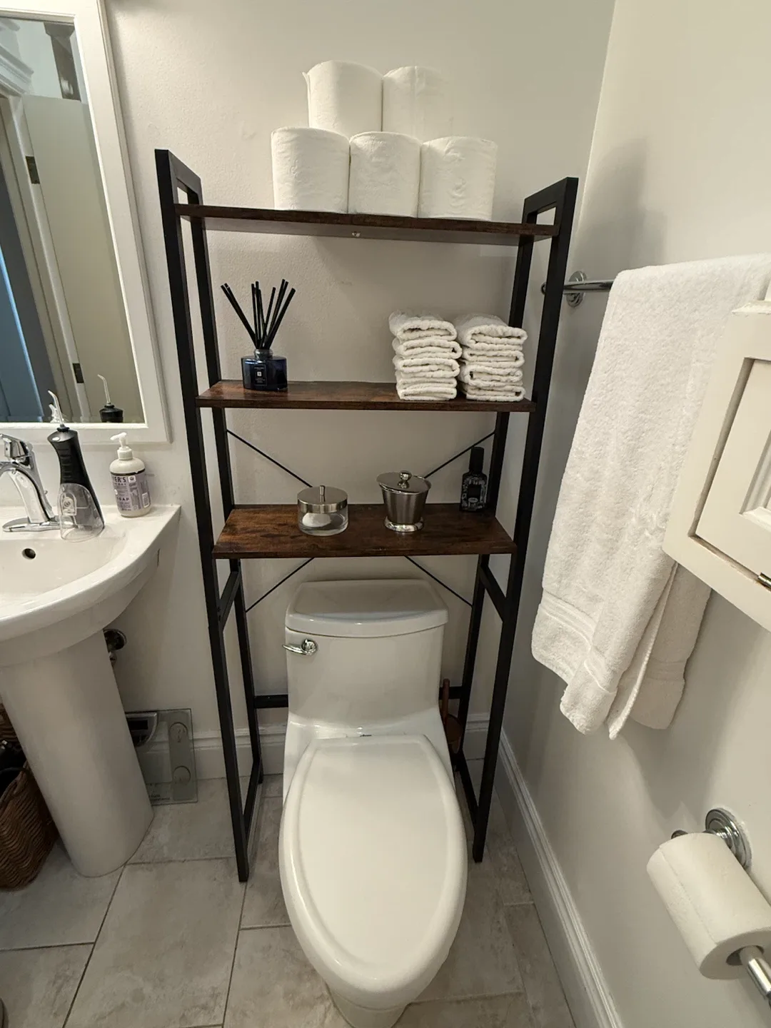 4-Tier Bathroom Storage Shelf – Wood & Black Metal - photo 3