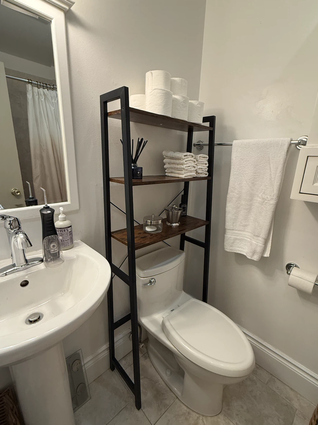 4-Tier Bathroom Storage Shelf – Wood & Black Metal - photo 4