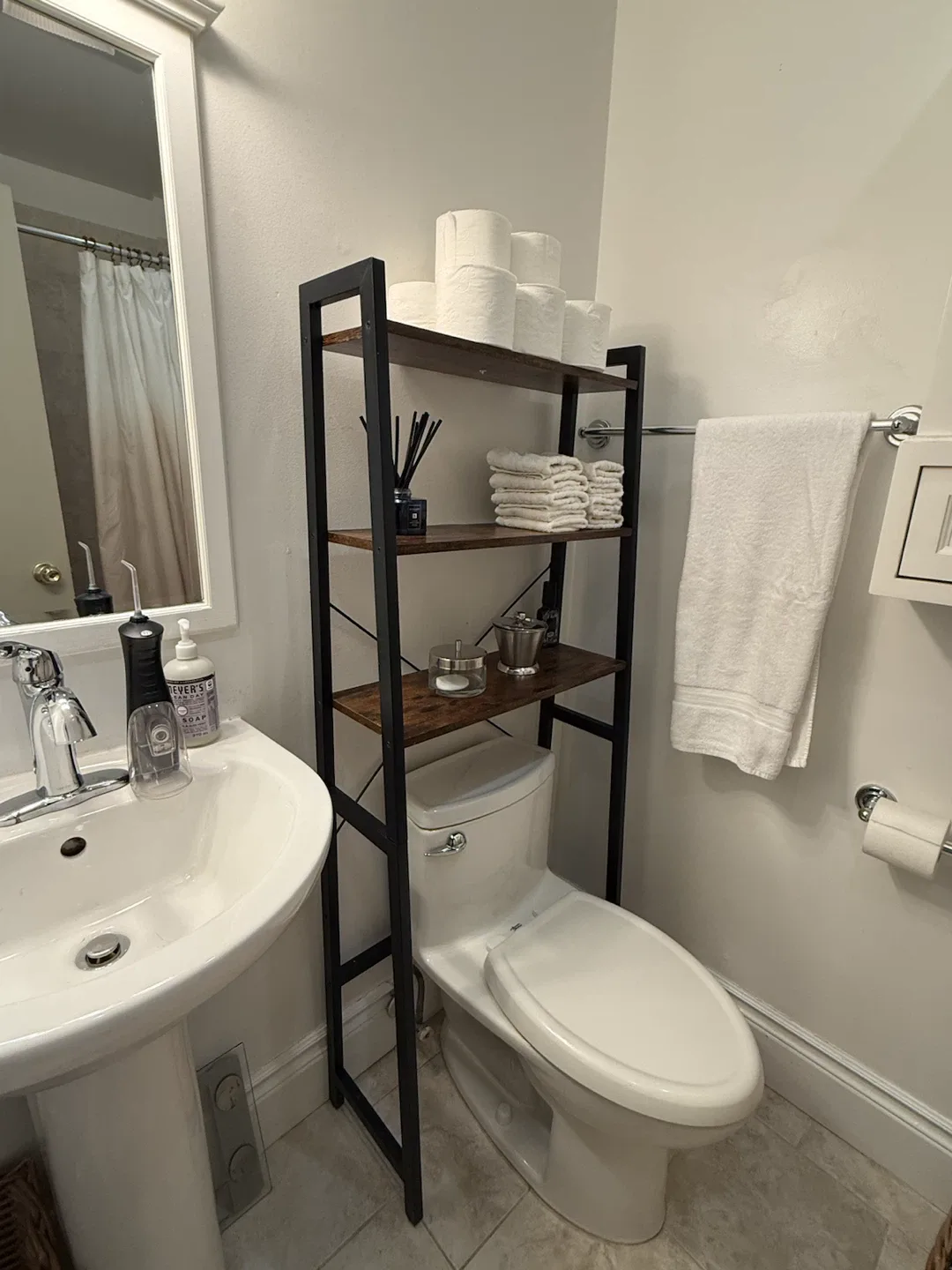 4-Tier Bathroom Storage Shelf – Wood & Black Metal - photo 4
