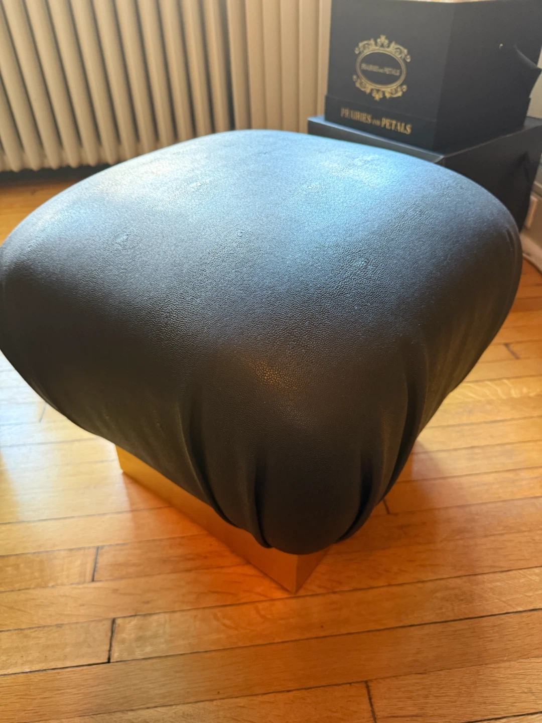 Modern Black Grain Leather Ottoman / Pouf with Gold Base