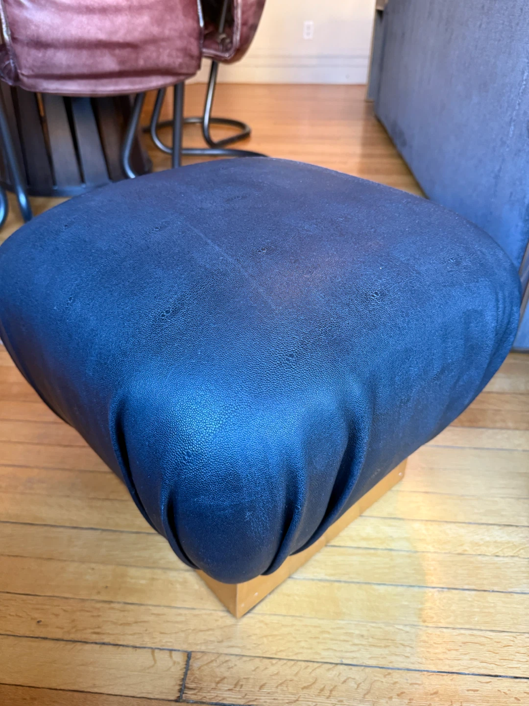 Modern Black Grain Leather Ottoman / Pouf with Gold Base - photo 2