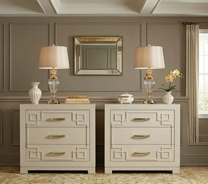 Modern Nightstands Pair Taupe & Gold