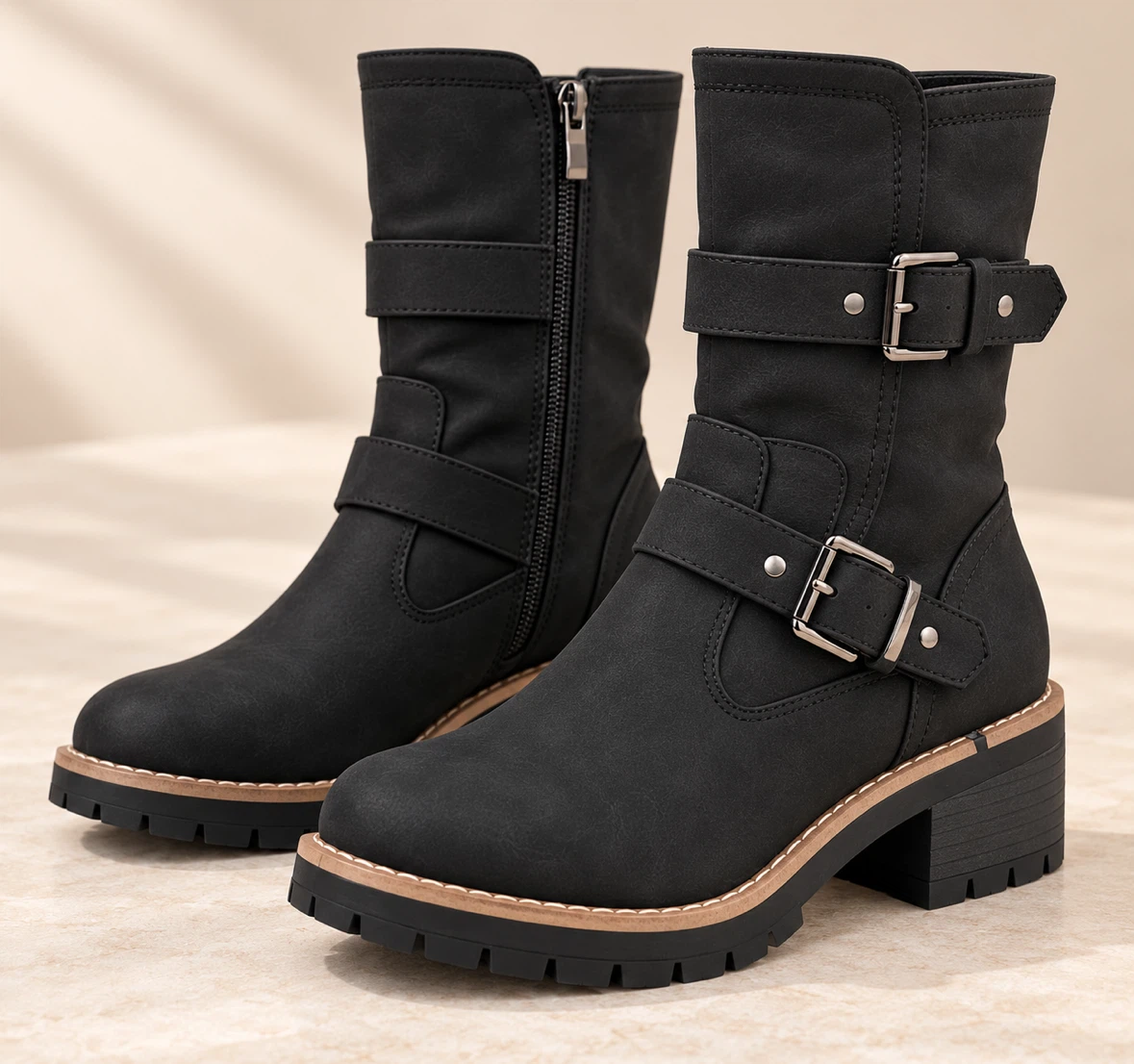 Brand New Black Buckle Moto Boots – Never Worn
