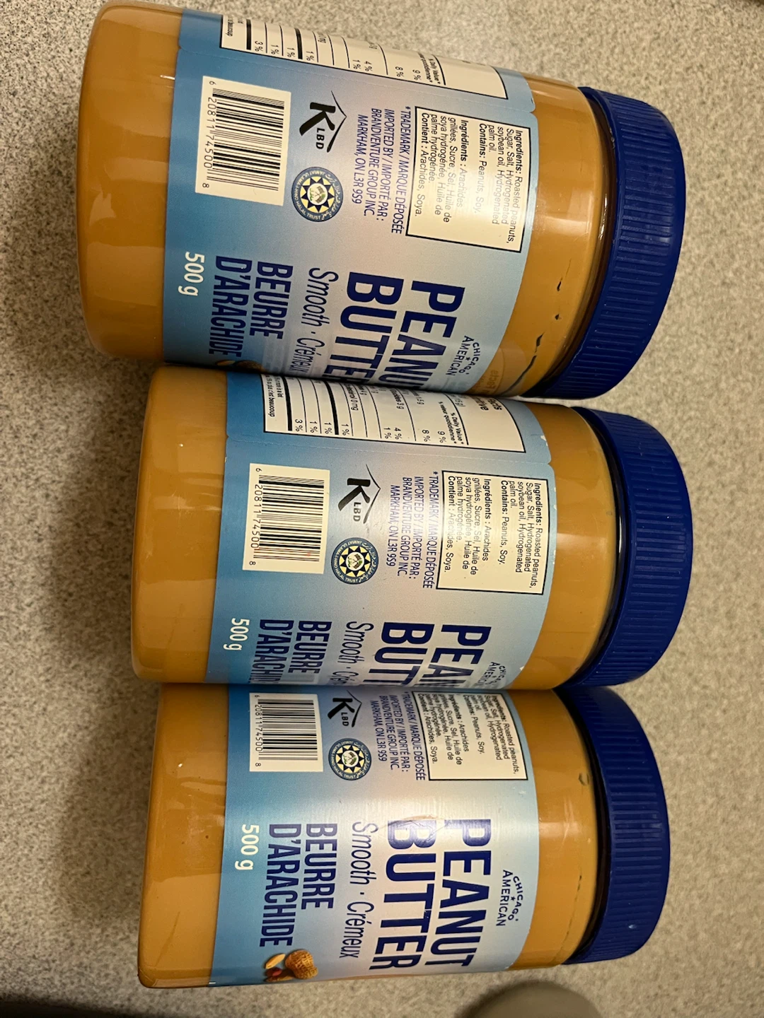 Three Chicago American Smooth Peanut Butter Jars 500g