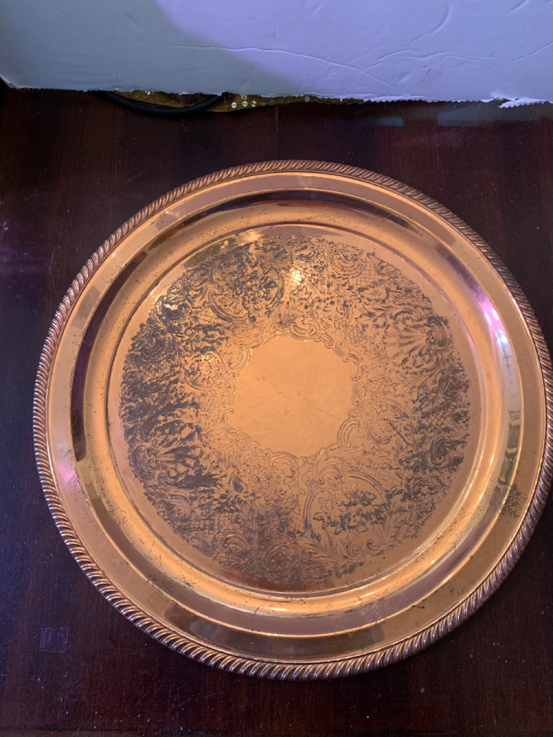 Vintage Etched Copper Round Serving Tray. 16”