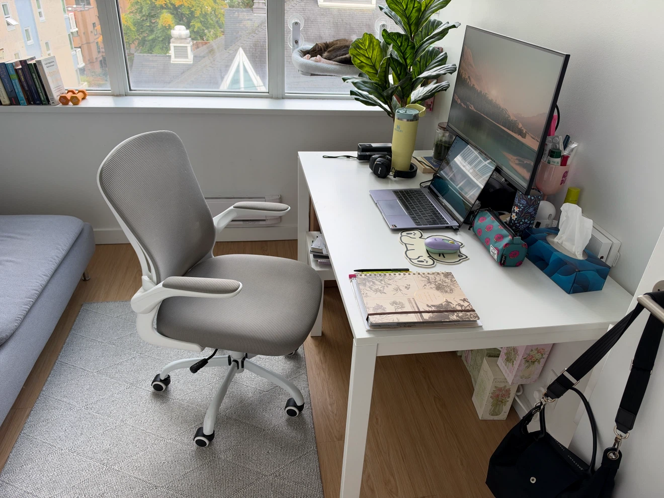 White IKEA Desk and Grey Office Chair