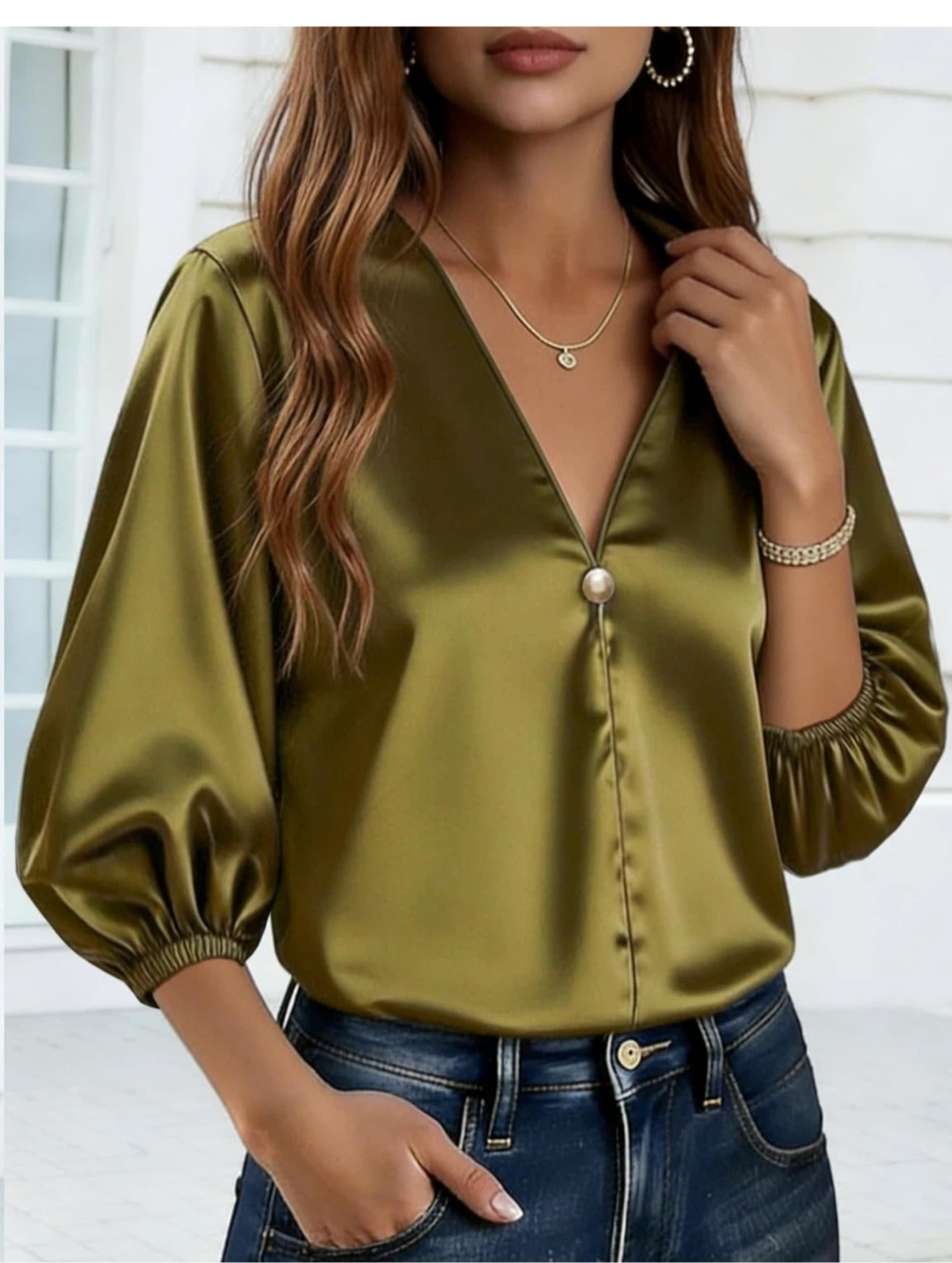 Olive Green Satin V-Neck Blouse